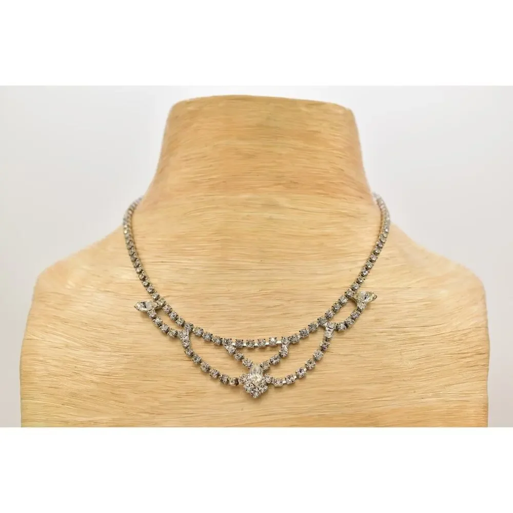 Vintage Crystal Collar Necklace Prong Rhinestone Silver Tone Shiny 1980s BinBD